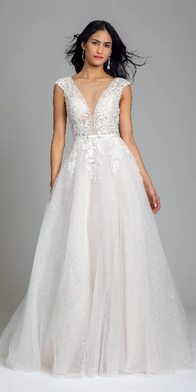 Illusion Cap Sleeve Plunging Glitter Ballgown