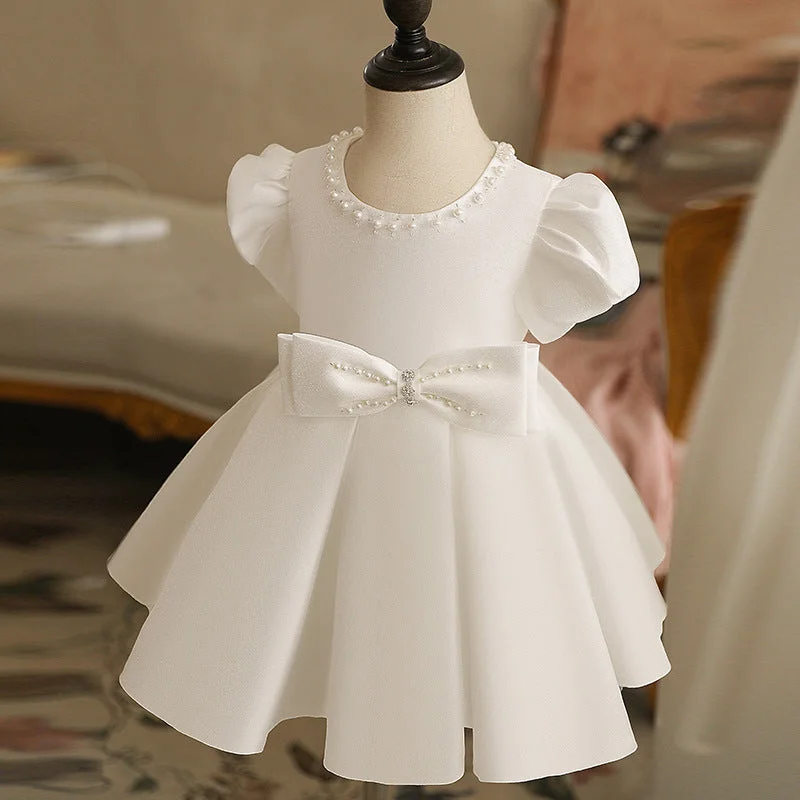 Friends and Family Sale First Communion Dress Baby Girl White Textured Puff Sleeves Puffy Bow Princess Christening Dress