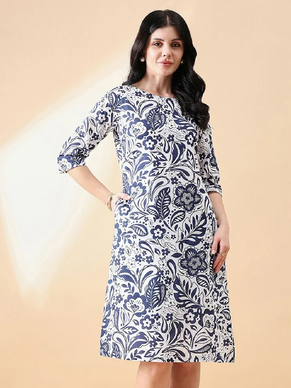 Hurry In A-Line cotton floral printed dress- NAVY & WHITE