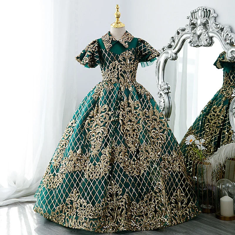 Exclusive Online Offer Girl Pageant Dress Children Vintage Gorgeous Green Gold Sequin Party Princess Communion Dress