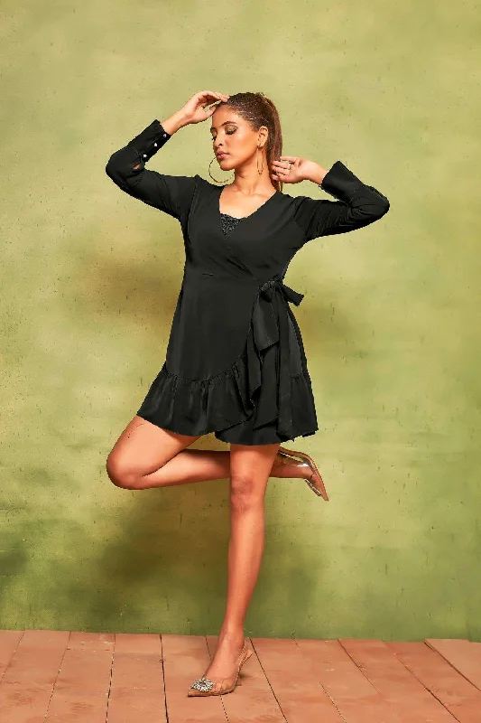 Take Advantage Rich Black Sequin Ruffled Mini Dress | V-Neck A-Line Glam