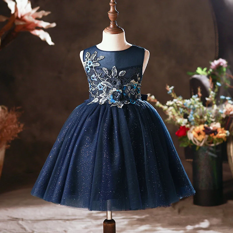 Online Only Baby Girl Formal Princess Dresses Girl Summer Round Neck Blue Embroidery Birthday Party Dress