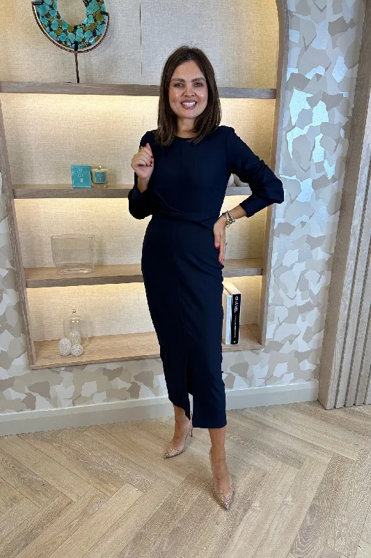 Hot Deal Celine Pencil Drape Midi Dress In Navy