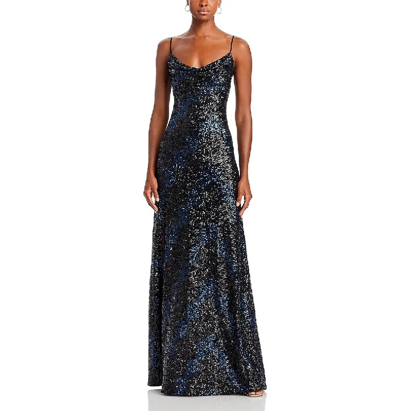 Halston Womens Long Sequined Evening Dress