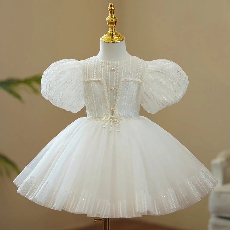 Act Fast Baby Girl and Toddler White Puff Sleeve Beaded Puffy Christening Dress