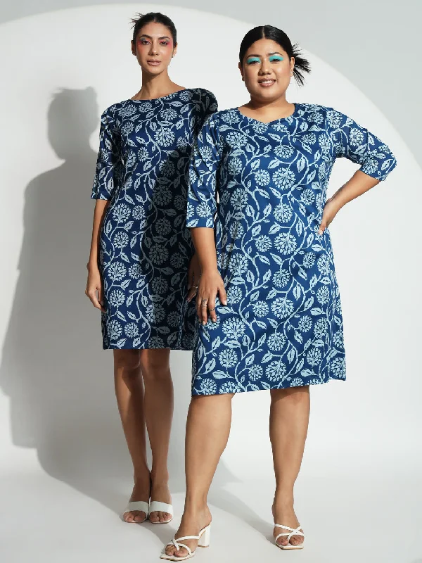 Best Bargains A line Cotton Printed Dress - Blue