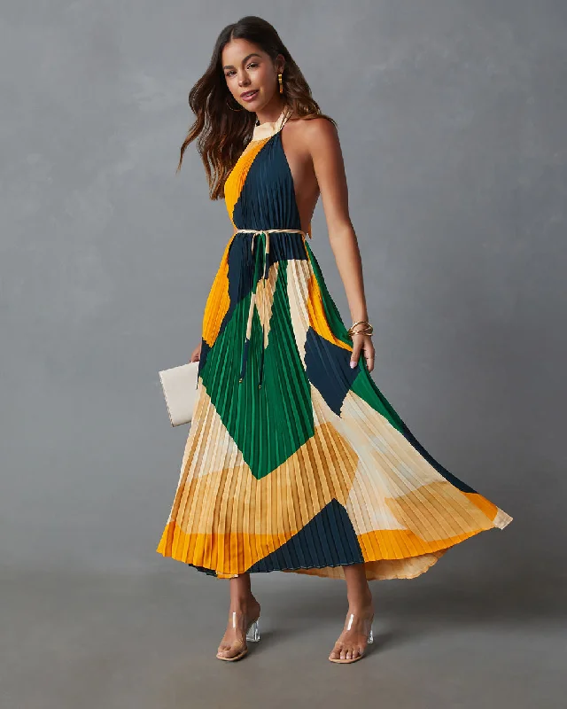 Price Slash Cheyenne Abstract Pleated Halter Midi Dress