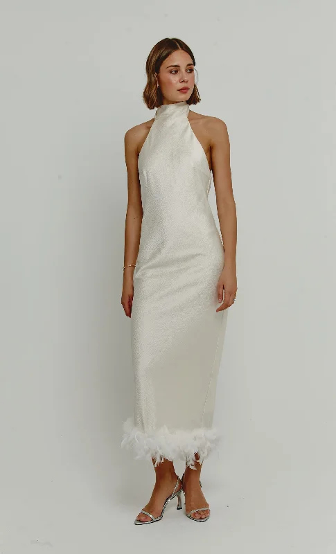 Great Deals Cream High Neck Feather Trim Maxi Dress