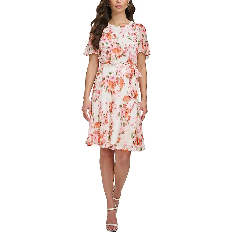 DKNY Womens Petites Chiffon Floral Cocktail And Party Dress