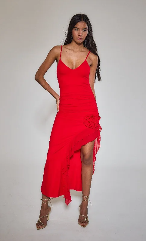 Get It Before It’s Gone Red Corsage Ruffle Detail Maxi dress