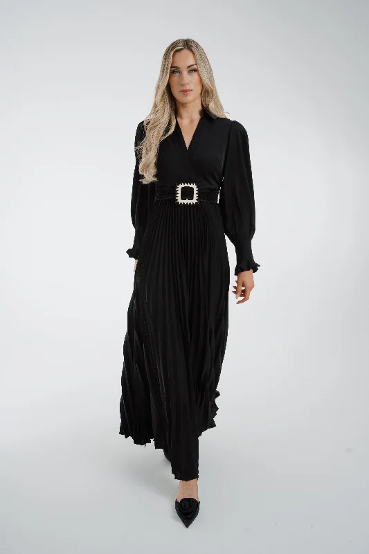 Super Deal Taylor Belted Pleat Dress In Black