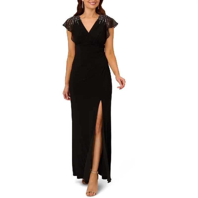 Adrianna Papell Womens Embellished Faux Wrap Evening Dress