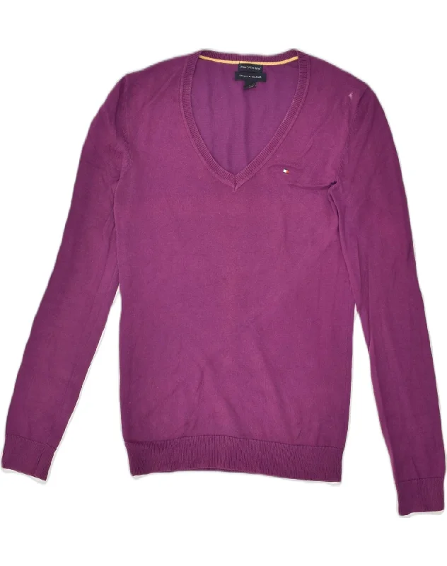 Online Only TOMMY HILFIGER Womens V-Neck Jumper Sweater UK 6 XS Purple Cotton