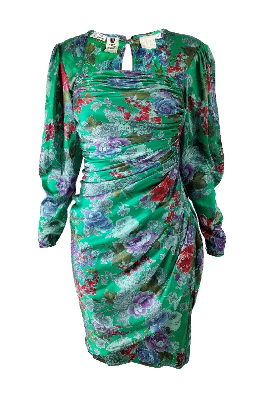 Factory Direct Sale Emanuel Ungaro Vintage Green Silk Satin Ruched Dress, 1980s