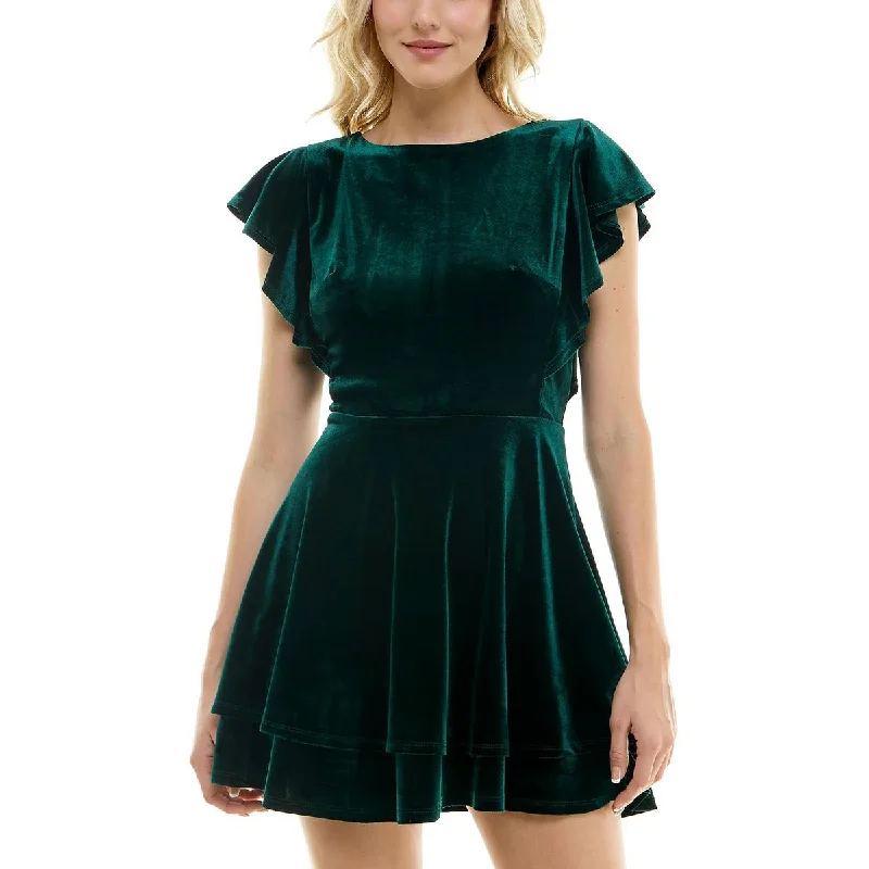 Crystal Doll Womens Juniors Velvet Flutter Sleeves Fit & Flare Dress