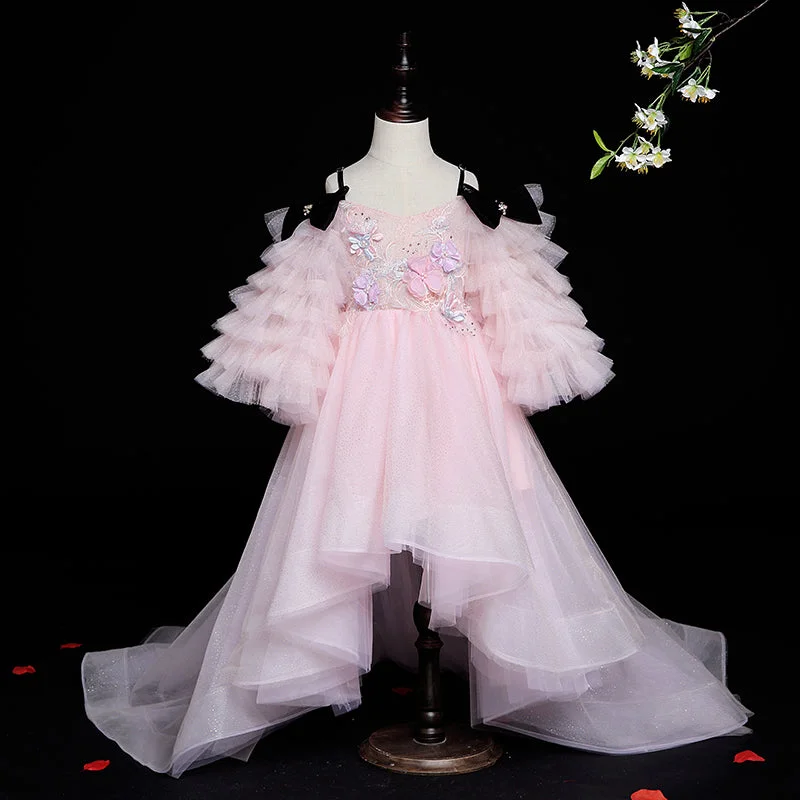 Closeout Flower Girl Dress Little Girl Mesh Sleeves Wedding Ball Gown Princess Pageant Dress