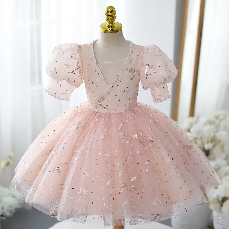 Today’s Deal Flower Girl Dress Toddler Easter Summer Pink Sequin Puff Sleeve Princess Dress