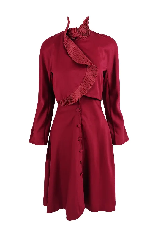 Price Drop Eli Colaj Vintage Wine Red Wool & Pleated Ruffle Taffeta Collar Dress, 1980s