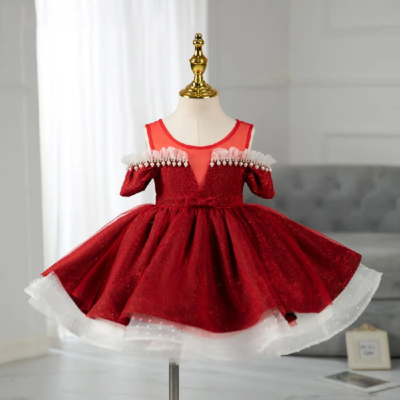 Blowout Sale Girl First Communion Dress Toddler Pageant Party Dress Red Beaded Princess Dress