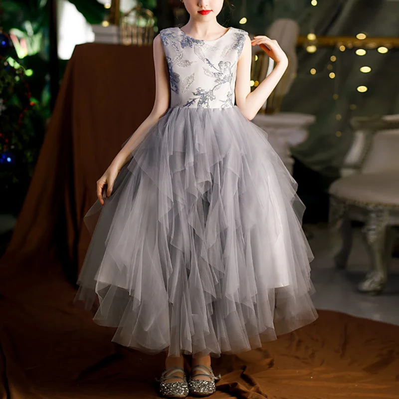 Special Discount Toddler Ball Gowns Girl Flower Communion Summer Gray Sleeveless Pageant Princess Dress