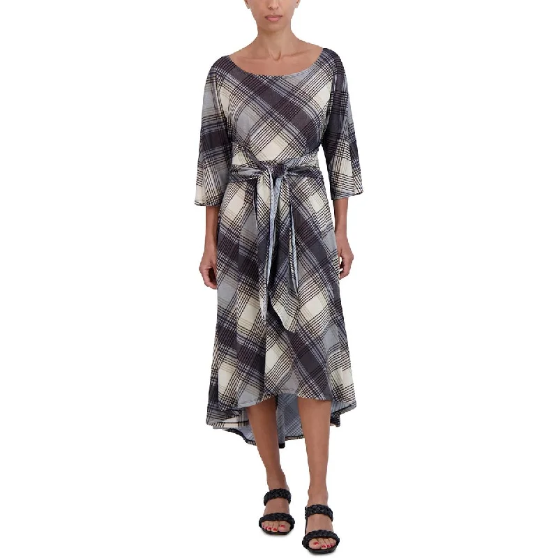 Midnight Sale Signature By Robbie Bee Womens Plaid Waist Tie Midi Dress