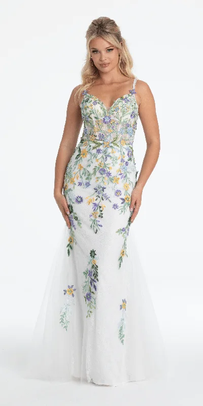 Floral Embroidered Mesh Corset Keyhole Mermaid Dress with Shawl