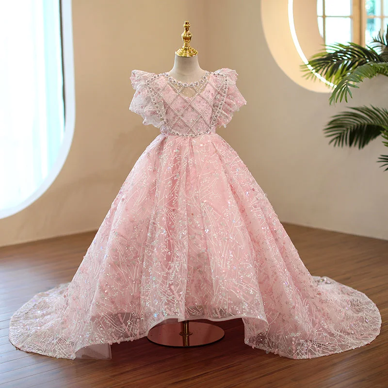 Price Meltdown Flower Girl Dress Little Girl Communion Dress Summer Pink Trailing Sequin Princess Party Dress