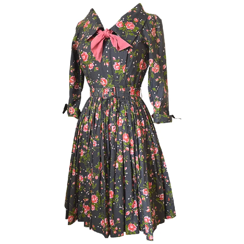 Weekend Deal Melbray grey and pink rose print cotton 1950s day dress