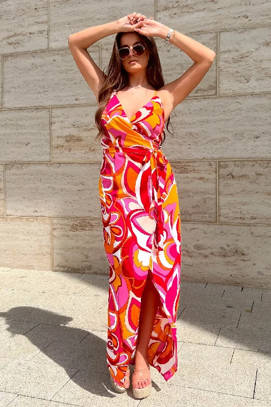 Hurry In Girl in Mind Mia Pink and Orange Wrap Maxi Dress