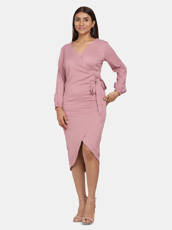 Savings Alert V-Neck Wrap Around Stretch Evening Dress - Blush Pink