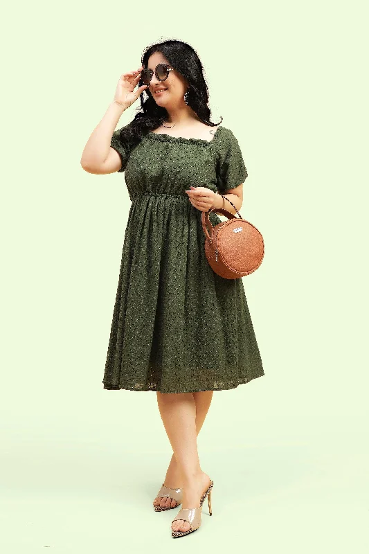 Discount Deals Curvy Lane Women Plus Size Raglan Puff Sleeves Flared Schiffli Dress