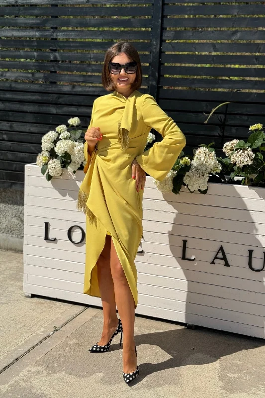 Limited Availability Kayla Fringe Detail Wrap Dress In Mustard