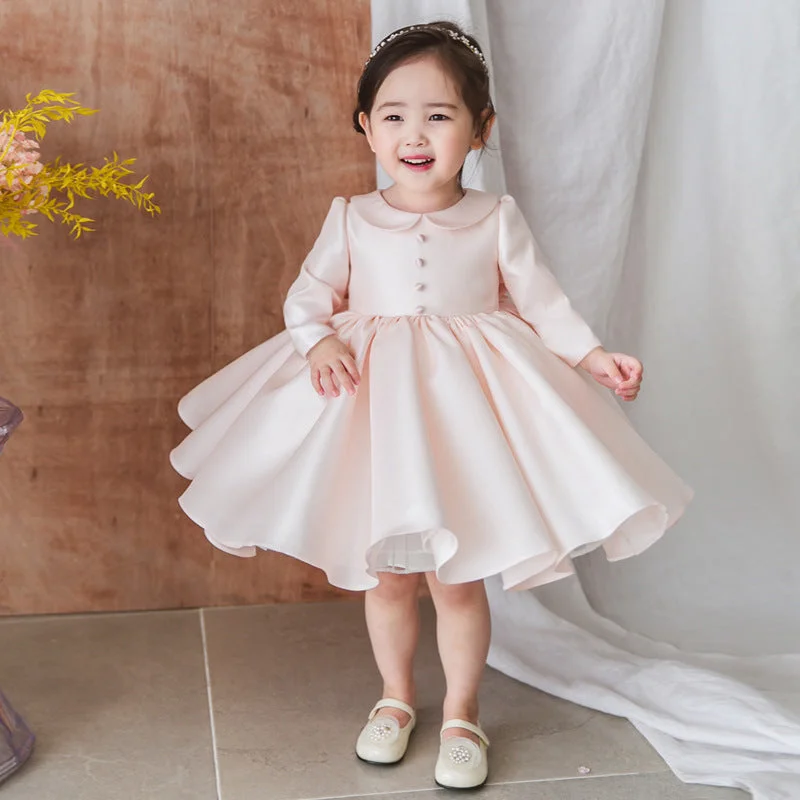 Super Sale Baby Girl Pink Long Sleeve Doll Collar Puffy Princess Party Dress