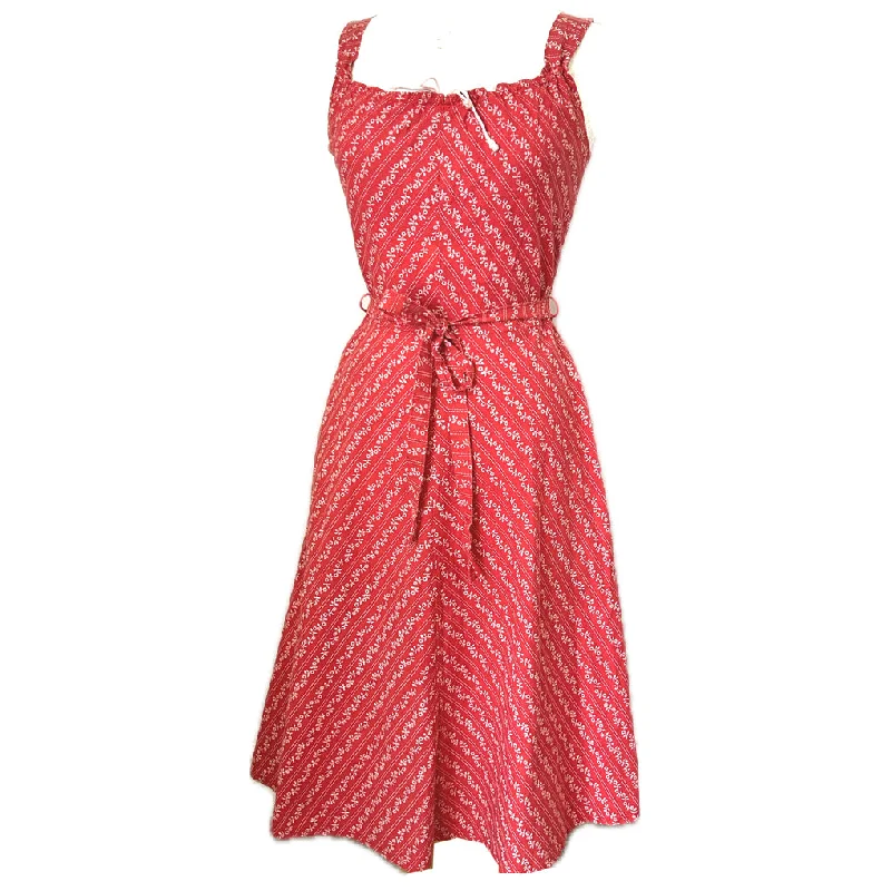 Limited Quantity Border print red and white cotton 1970s drawstring neckline sun dress