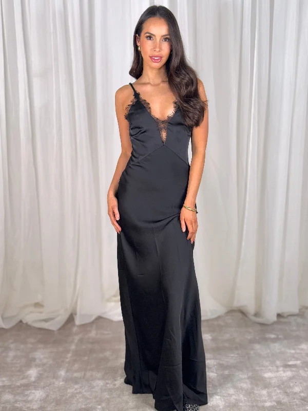 Seasonal Clearance Elsa Lace Trim Maxi Dress In Black