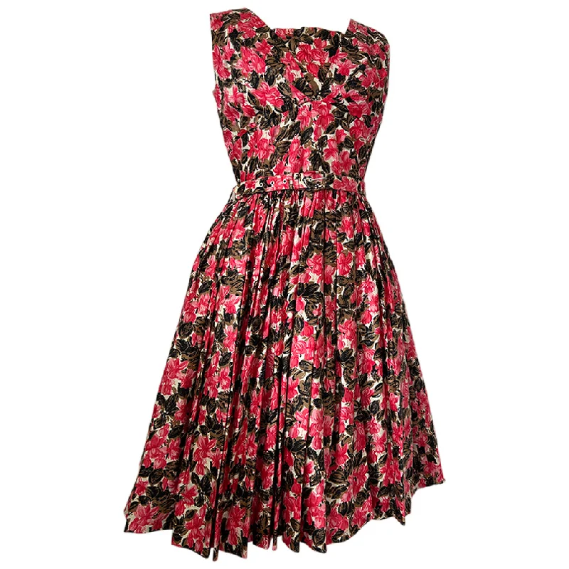 Take Advantage Pink and brown floral cotton vintage 1950s full skirted day dress