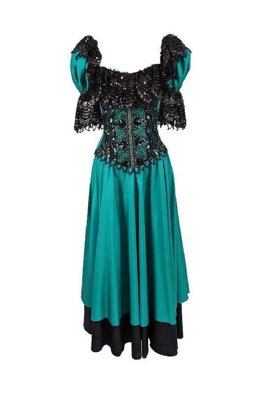 Overstock Sale Vintage Taffeta & Black Lace Victorian Style Evening Dress, 1980s