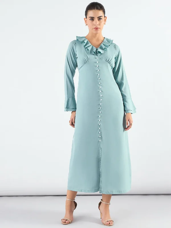 Special Promotion Viscose Midi Dress With Ruffled Collar And Pearl Buttons