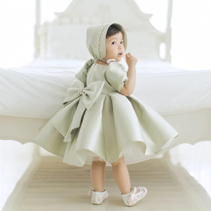 Online Only Baby Girl Birthday Party Dresses Toddler Round Neck Puff Sleeves Beaded Puffy Princess Dress