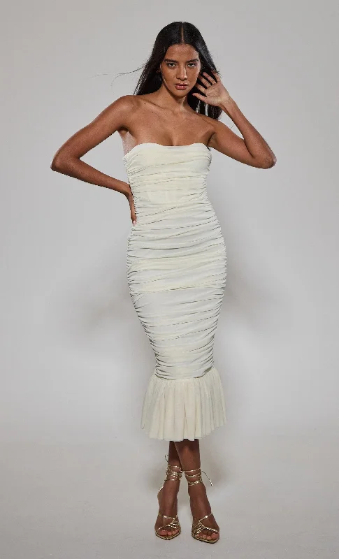 Midnight Madness Cream Ruched Corset Fishtail Dress