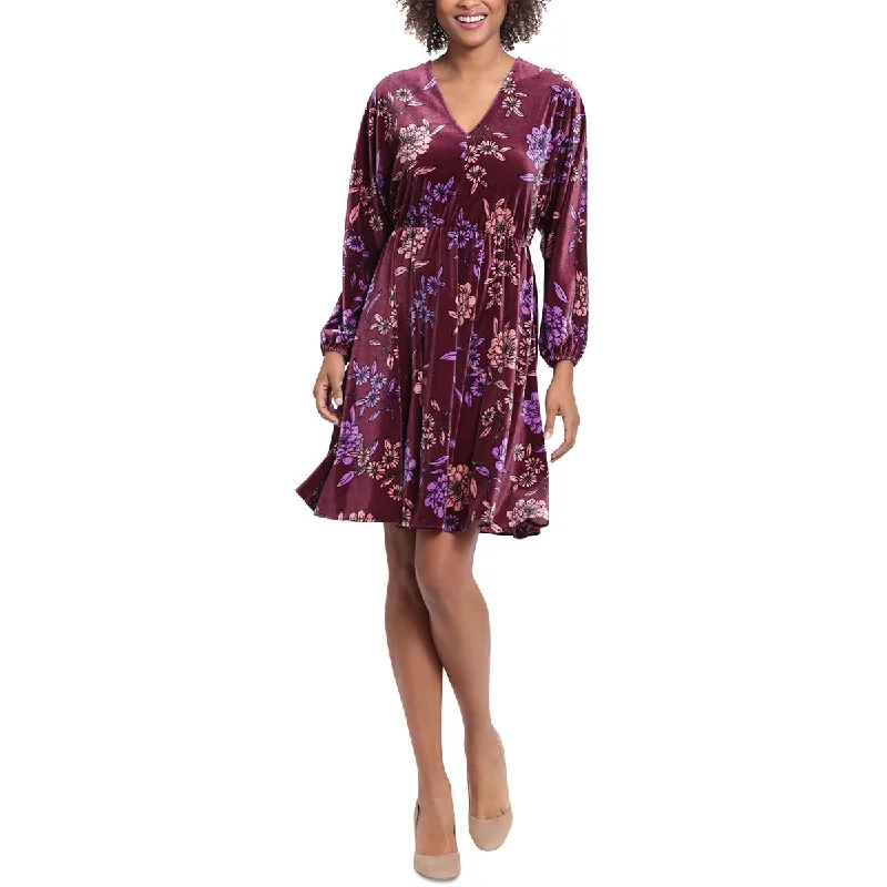 London Times Womens Floral Print Velvet Shift Dress