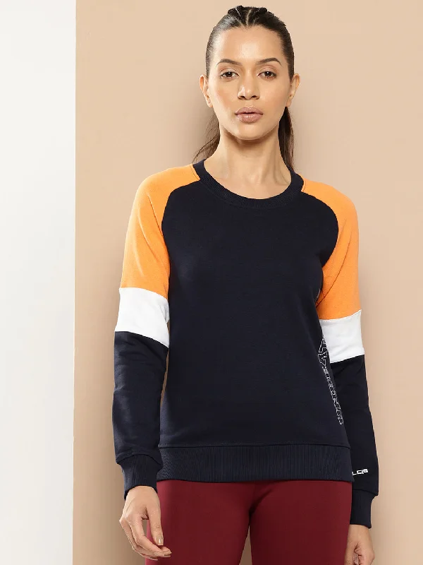 Alcis Women Navy Blue Orange Colourblocked Cotton Sweatshirt with Side Applique Prints