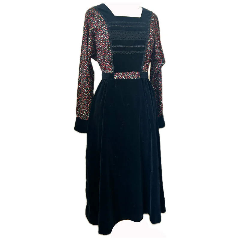 Deal Zone Black cotton velvet floral vintage 1970s folky midi dress