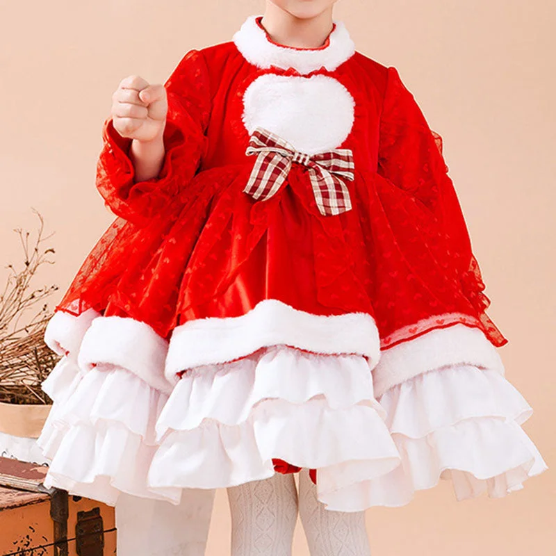 Price Reduction Baby Girl Dress Toddler Prom Princess Winter Red  Lace Plush Fluffy Birthday Party Dress