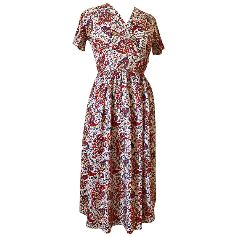 Blowout Deals Paisley cotton red and white vintage 1940s printed day dress