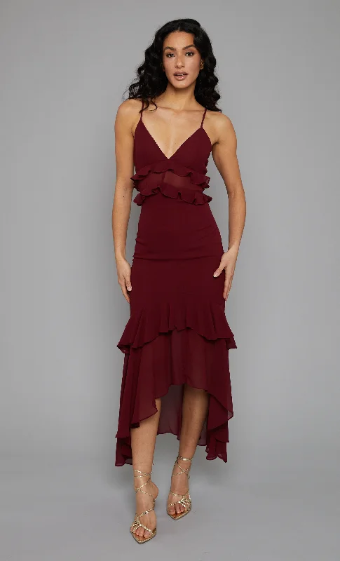 Super Bargain Dark Red Ruffle Detail Chiffon Midaxi Dress