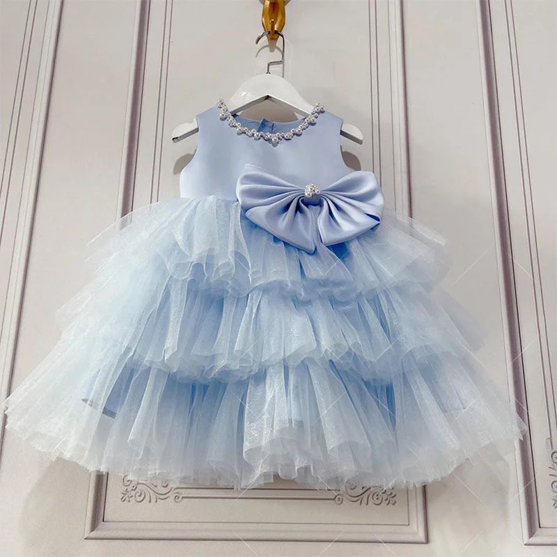 Exclusive Savings Baby Girl Ball Gowns Girl Blue Sleeveless Cake Flower Birthday Party Dress