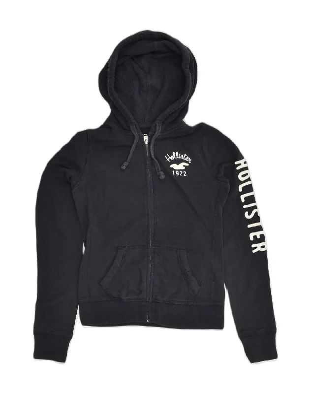 Limited Time Offer HOLLISTER Womens Graphic Zip Hoodie Sweater UK 10 Small Navy Blue Cotton