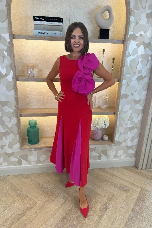 Price Rollback Sienna Flower Shoulder Pink Detail Dress In Red