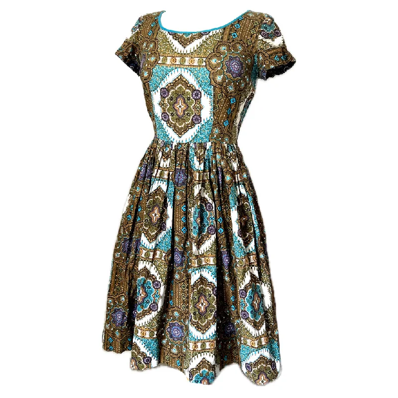 Year-End Sale Olive green, brown and teal mandala print cotton vintage 1950s day dress